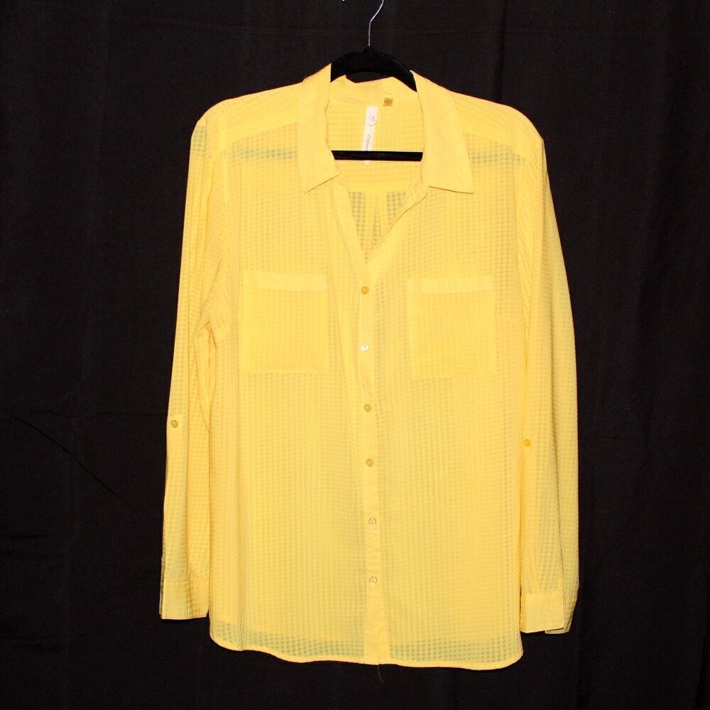 NY Collection, Blouse, XL, Yellow, Weaved Pattern, Button Front with Collar - Picture 1 of 4